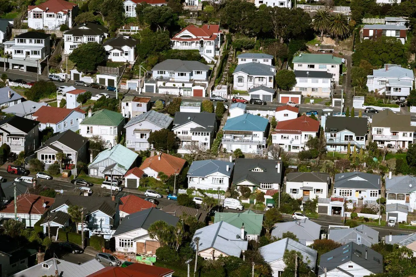 Suburban home rooflines with shingle roofs and chimneys under a clear sky